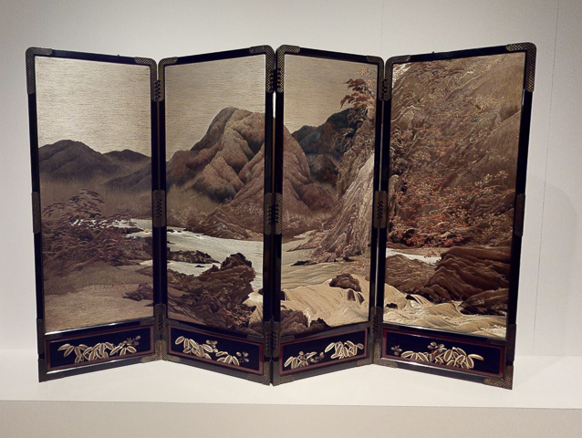 Pete and Janette took us to the Queen's Gallery at the SW corner of Buckingham Palace to see a show of Japanese objects in the Royal Collection, This screen is an embroidered picture of Arashiyama in Kyoto.