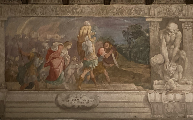 Aeneas carrying his father from Truy, burning in the background.