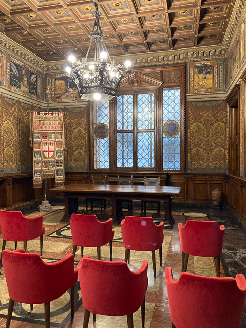 The Sala Gonfalone is named for the banner in the front corner that symbolizes the corporations (guilds) of medieval Bologna.