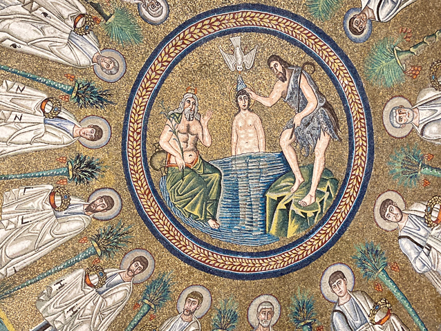 The bearded River Jordan has a red crab claw emergin from his hair. The dove of the Holy Spirit is spraying water on the head of Jesus.