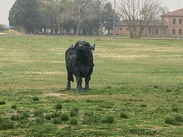 There are scupted animals in the field west of Saint Apollinare.