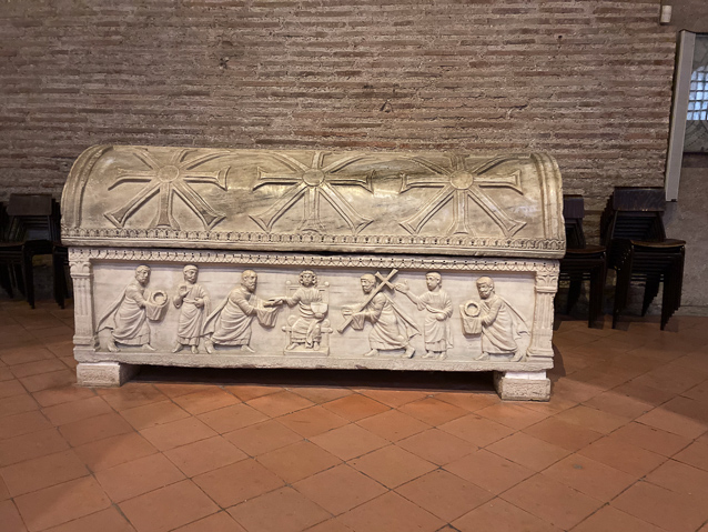 There are several sarcophagi in the nave.