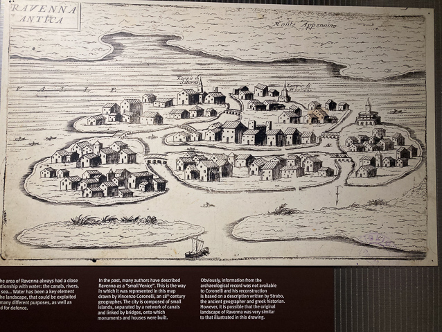 18c map of Ravenna, showing that it was a marsh with several bridges connecting islands.