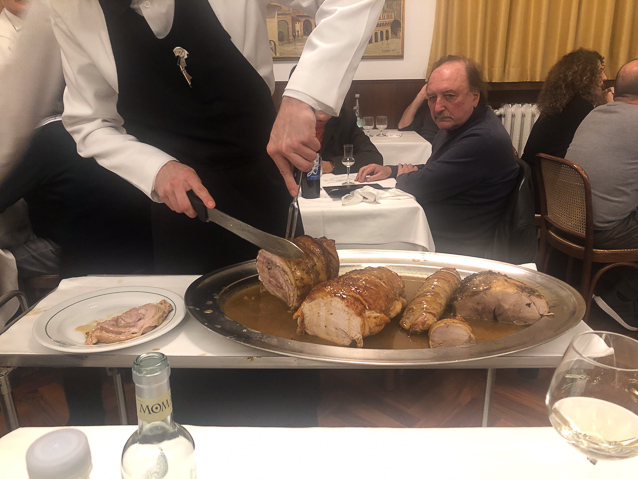 We visited the Medieval Museum before and after lunch at Diana. Mariana ordered roast veal, which came in several forms for her to choose from.