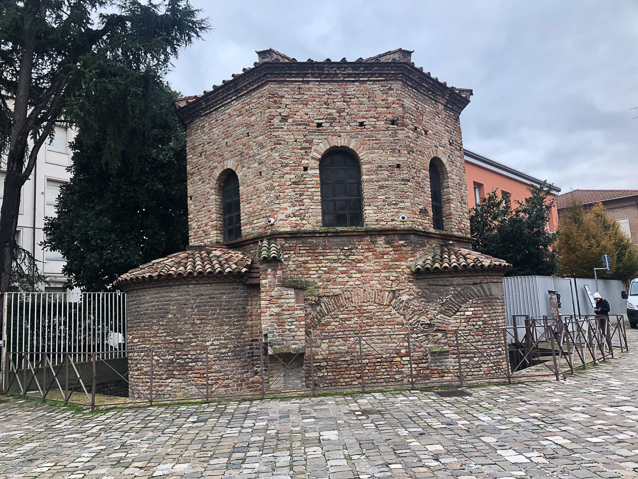 Theodoric built a church and an adjoining baptistery for Arian Christian worship by his Ostrogothic followers after conquering Ravenna in 493. The octagonal baptistery remains.