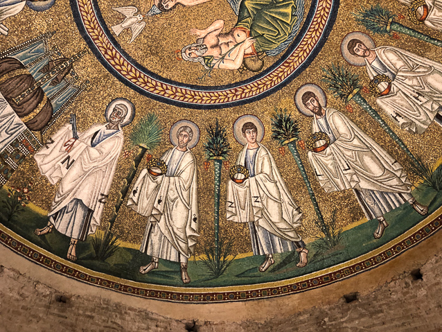 The Apostles carry crowns symbolizing victory.