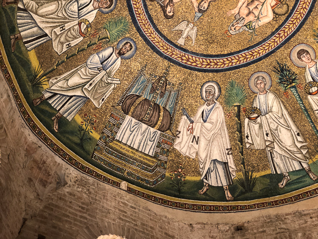 The procession ends with Peter holing the keys to heaven to thr ight of a throne meant for Jesus, and on the left with Paul