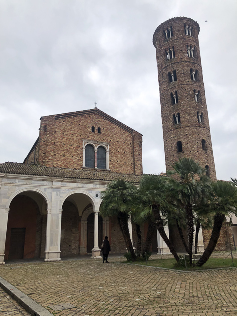Our next stop was saint Apollinare Nuovo. This is the west end, with a narthex across its face and a tall tower next to it.