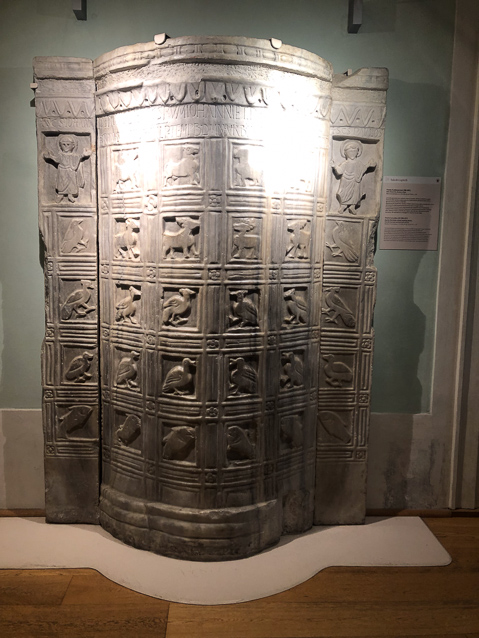 Front of an ambo (pulpit) of 596-597 from Saint John and Saint Pail's Church. It was made from the cover of a sarcophagus.