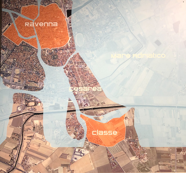 In the 6c (time of Justinian, San Vitale and Saaint Apollinare in Classe) Ravenna and Classe were walled settlements and Cesarea in between could have temporary pallisades.