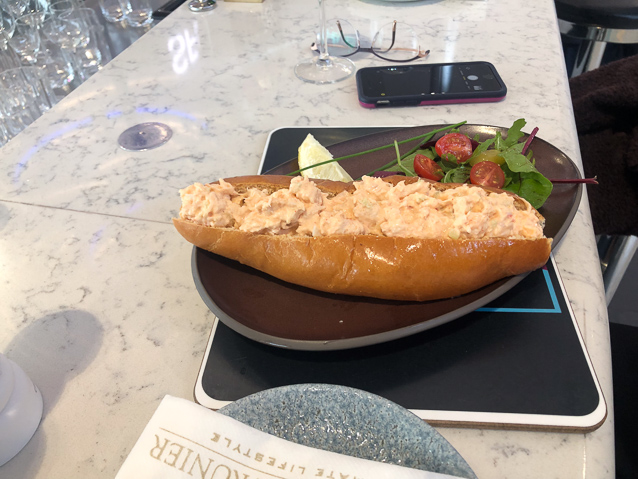 Heathrow we were in a large group of disabled passengers, most of them, Indians, but our situation improved when we moved to the nearby champagne bar, and had a lobster sandwich and crab salad for lunch