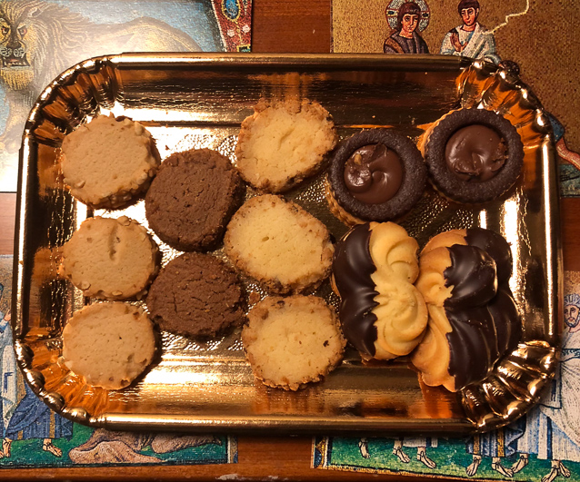 Cookies back in our hotel room with tea.