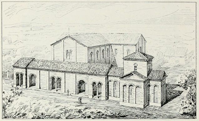 Reconstruction of how the Mausoleum was attached to the narthex of rhe church. It was only called a mausoleum starting in the 13c, and may have been constructed as an oratory for private use by Galla Placidia, who also built the church.