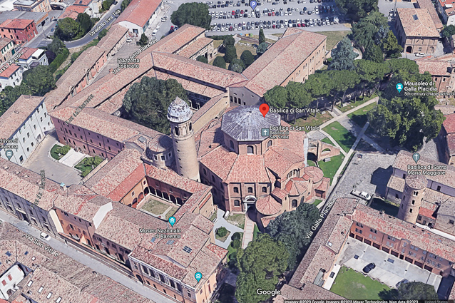 Aerial view of San Vitale. The three quadrangles to the left are a former monastery, now the Museo Nazionale. The Mausoleum of Galla Placidia is hidden by trees at upper right.