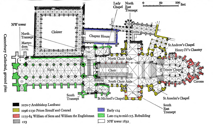 Augustine made an existing Saxon church his cathedral in 602, but the first Norman archbishop, Lanfranc, built a much larger church over it. Successive campaigns have created the church we visited.