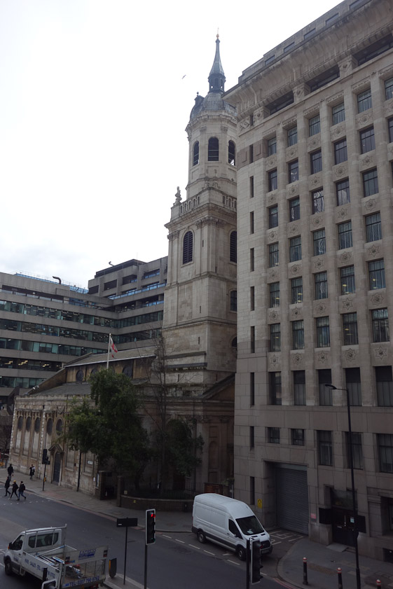A barbarous example of modern development obscuring the west face of St. Magnus the Martyr, a church built by Sir Christopher Wren after the Fire.