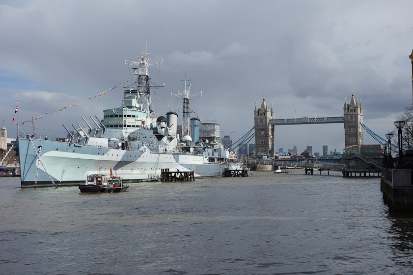 HMS Belfast is a light cruiser (11,550 tons) built 1936. Her main battery is 12 6-inch guns