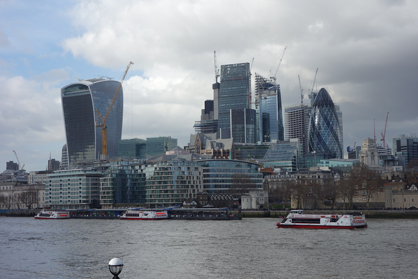 The rapidly changing London skyline seen from Tower Bridge. I count nine construction cranes. The glass ovoid with the spiral striping is the Gherkin, designed by Norman Foster and opened in 2004.
