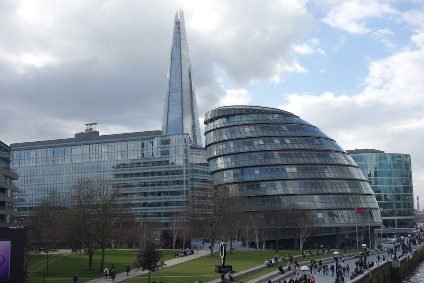 Looking south west from Tower Bridge we see City Hall and The Shard.