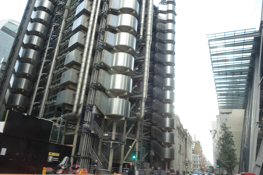 Building or machine? This is the Lloyd's Building, designed by Richard Rogers and opened in 1986. It's inside out, with stairways and utilities outside.
