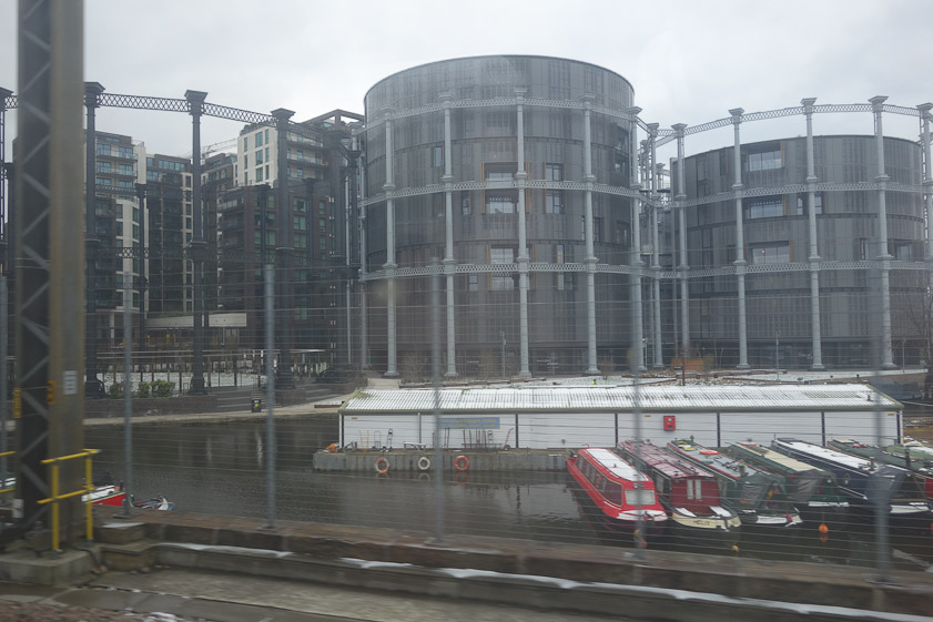 Close to St. Pancras we passed what looked like two former gas tanks concerted into housing next to a canal.