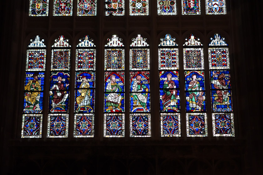 The stained glass in the south transept shows ancestors of Christ. They were made 12c - early 13c. This was removed for conservation and appeared in exhibitions at the Getty and the Met. http://www.getty.edu/art/exhibitions/canterbury/