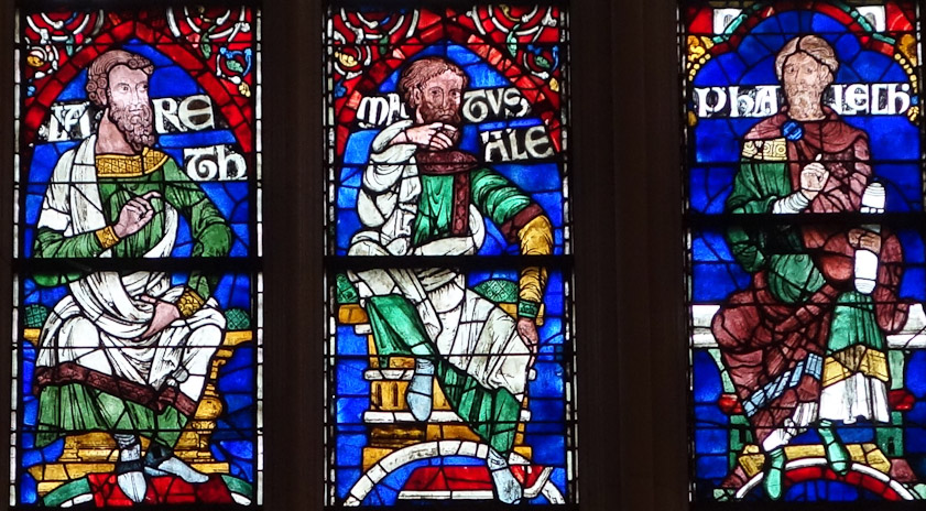 These ancestors are Lareth, Matusale, and Phalech. We've visited many churches, but never paid much attention to the glass because it is so hard to see.
