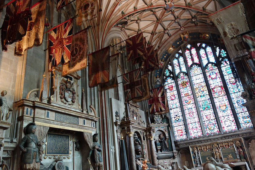 Flags of the East Kent regiment in a chapel in the south east transept.