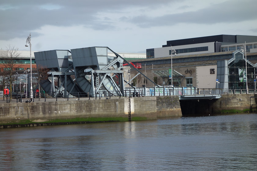 The rotating lift bridges and the entry to George's Dock, seen from the south bank.