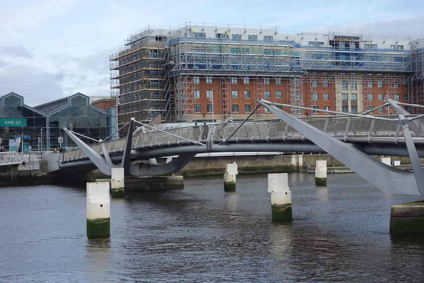 The Sean O'Casey is a pedestrian bridge with two sections balanced on two piers that can roatate 90º to open to boat traffic. It was built in 2005.