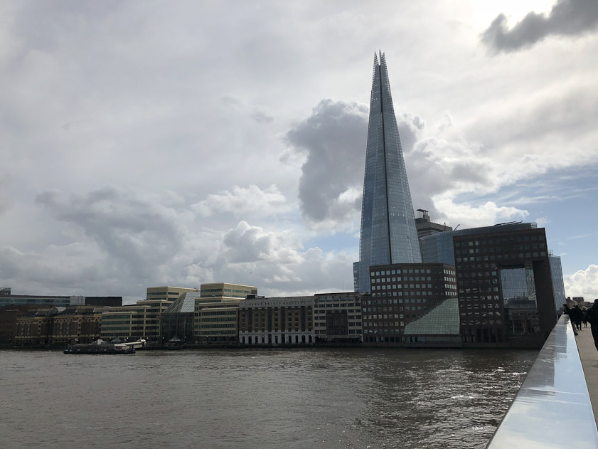 Beyond the south end of London Bridge is The Shard, designed by Renzo Piano, 95 stories, the tallest building in the UK and the EU.