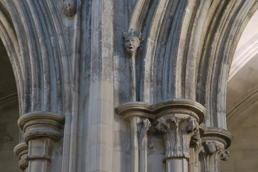 Some faces in the column ribs. All this is Victorian copy of medieval work.