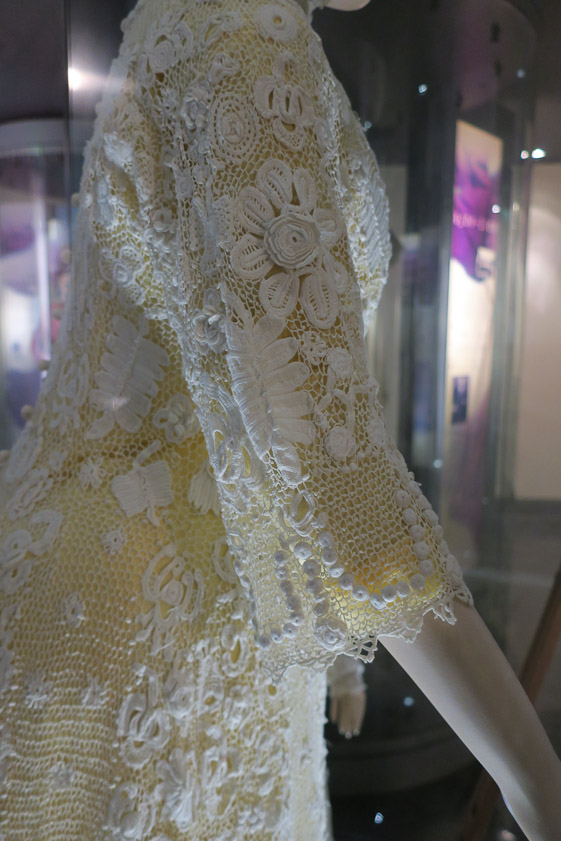 An elaborate, crocheted dress at the Decorative Arts Museum.