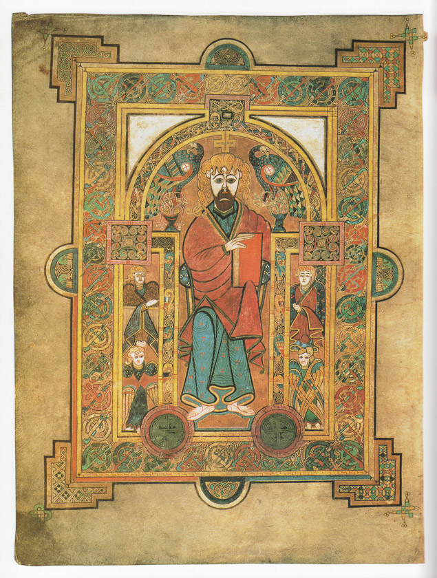 Folio 32v, portrait of Christ.The Book of Kells is an illuminated manuscript of the four New Testament gospels: Matthew, Mark, Luke and John in Latin. It was made about 800 AD in England, Scotland or Ireland. It was trimmed severly in the 19c, and the pages now are about 33x25.5 cm. It now has 340 folios (leaves). This is folio 32v, meaning it is the 32nd piece of parchment in the book and would be on the left when opened. Pages which lie on the right are numbered r for recto.