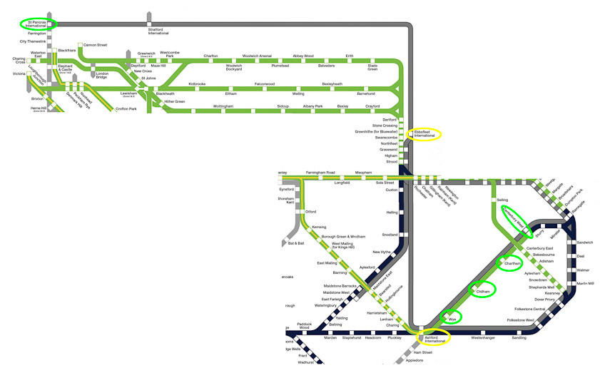 The green circled stations were the scheduled stops in the 1-hour itinerary. We made unscheduled changes at Ebbsfleet and Ashford, circled in yellow, and arrived an hour and a half late at Canterbury.