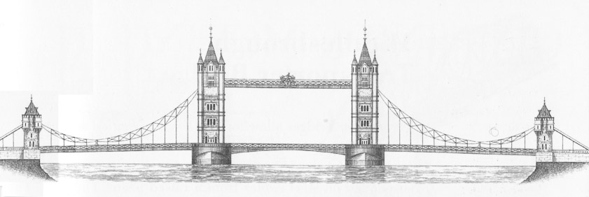 A drawing to show that there are four towers in Tower Bridge. Two shorter towers on either shore and two tall towers on piers in the Thames. The abutments are out of sight to right and left.