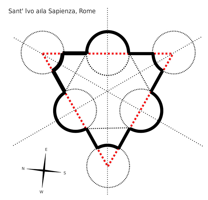 The floor plan is a triangle with three semicircula recesses and three 60º convex surfaces.