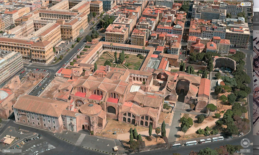 In this 3-D model view of the Baths, the Piazza della Republica is out of the frame to the lower left and the concave entrance to  Santa Maria degli Angeli e dei Martiri is indicated by the strip of lighter colored pavement at lower left.
