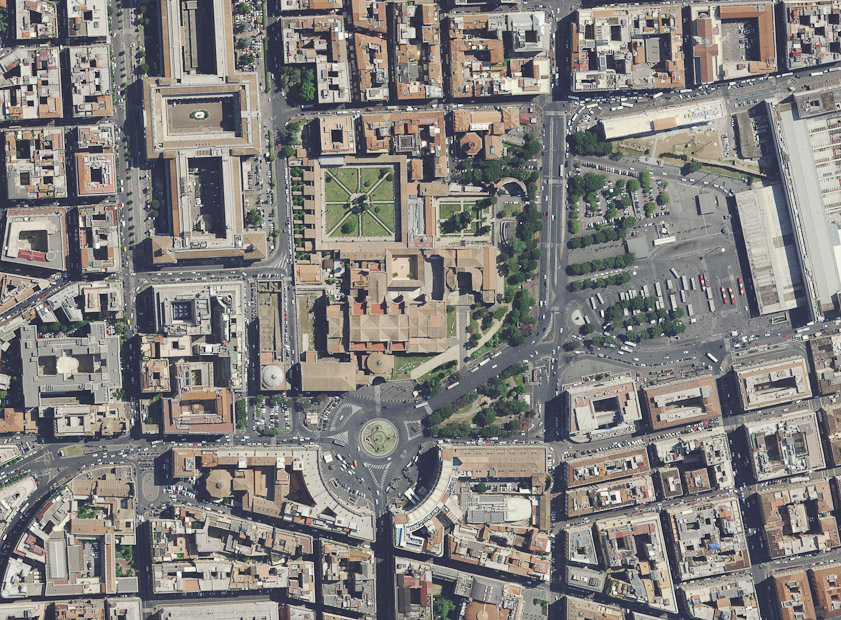 A satellite image of the present Baths. The large road curving around the right and bottom of the Baths and the narrow road passing the Baths on the left encroach on the former area of the Baths.