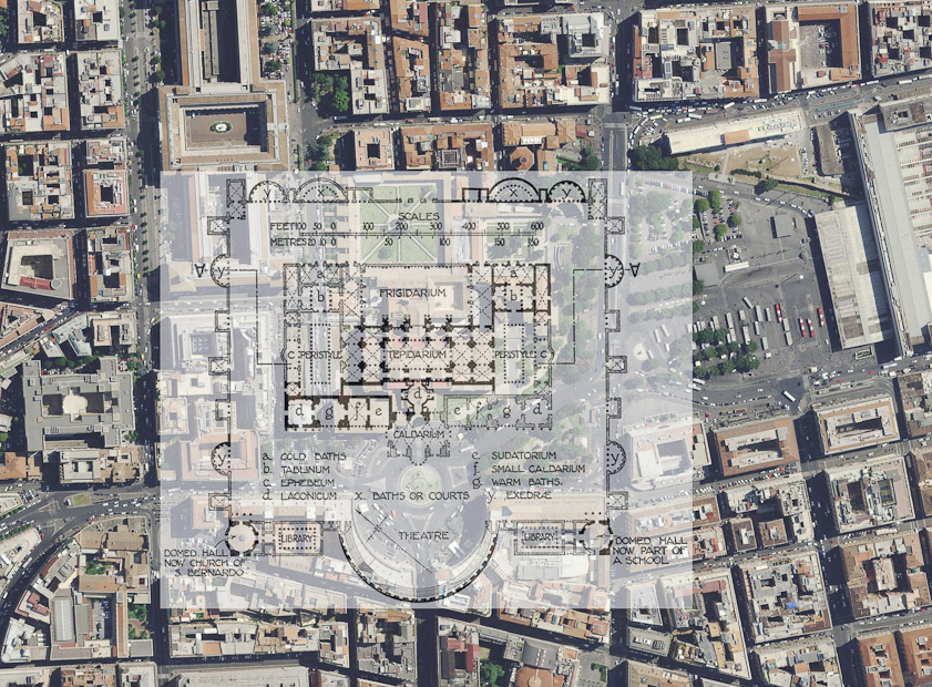 I overlaid the ancient plan on the current satellite image, adjusting the scale so the church of San Bernardo and the remnant of the other domed hall on Via Viminale coincide with the domed halls on the SW side of the ancient plan.