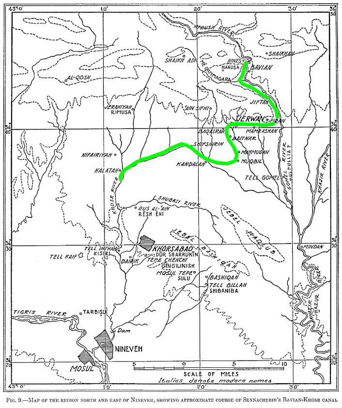 This map from the Jacobsen-Lloyd report (I addded the color) shows the course of the canal from near Bavian to Kalatah where it joined the Kosher River, which continued to Nineveh, to water Sennacherib's gardens. The additional flow provided by the canal was also used to irrigate farms.