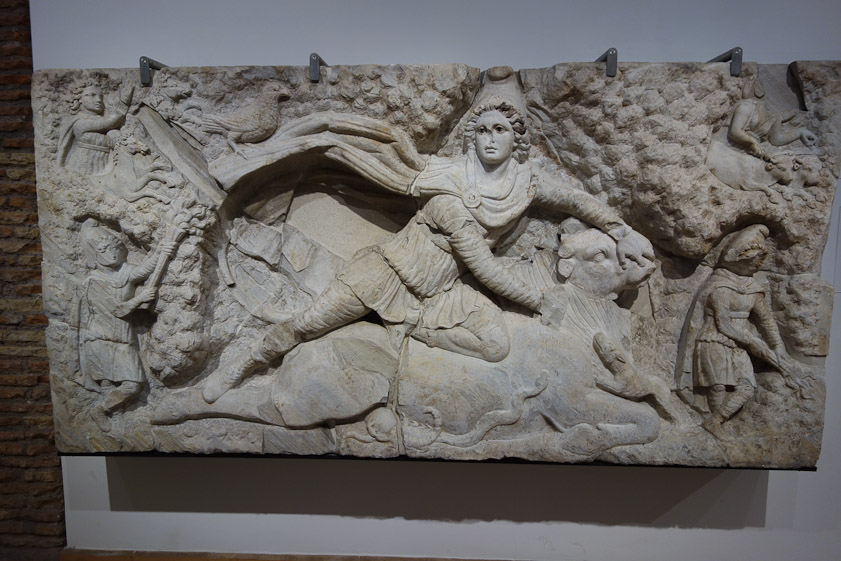 Another depiction of the Mithras myth, damaged during WW II and restored in Karlsruhe with pieces from Rome and Karlsruhe. End 2c AD or early 3c AD.