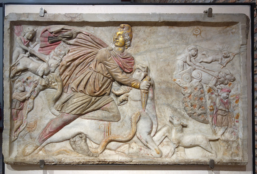 Another depiction of the tauroctonia, from the Basilica of Sant Stefano Rotondo, end 3c AD.