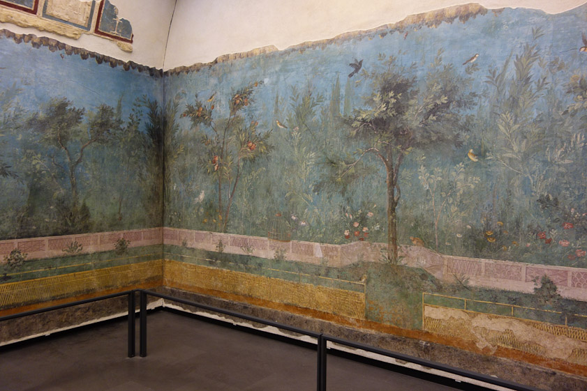 Livia's garden is a set of frescoes in a vaulted, semi-subterranean room in her villa to which she retired after the death of her husband Augustus in 14 AD. It was discovered in 1863, by which time the vaults had collapsed and the room filled with debris.