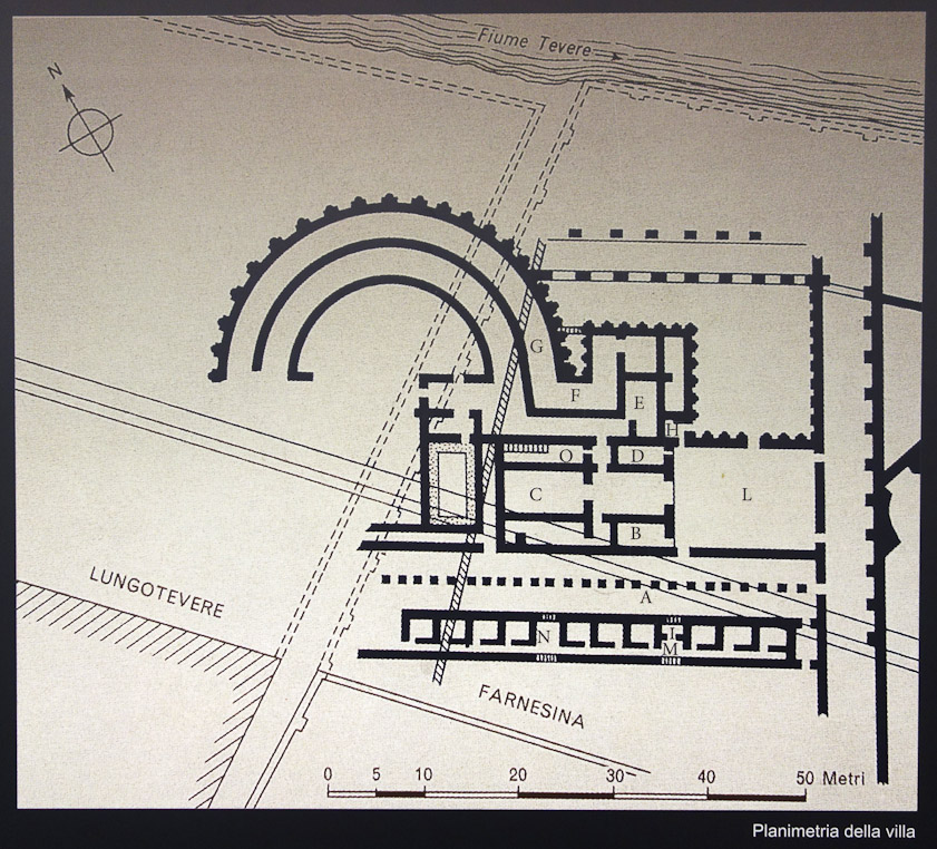 The villa from the Augustan age was discovered in 1879. The curved esedra (curved portico with benches) G connected two symmetric wings, of which only one was excavated. The row of small rooms in the south N was probably slave quarters. L was a garden. A staircase in O led to an upper story which has not survived.  A is a partly underground cryptoporticus.