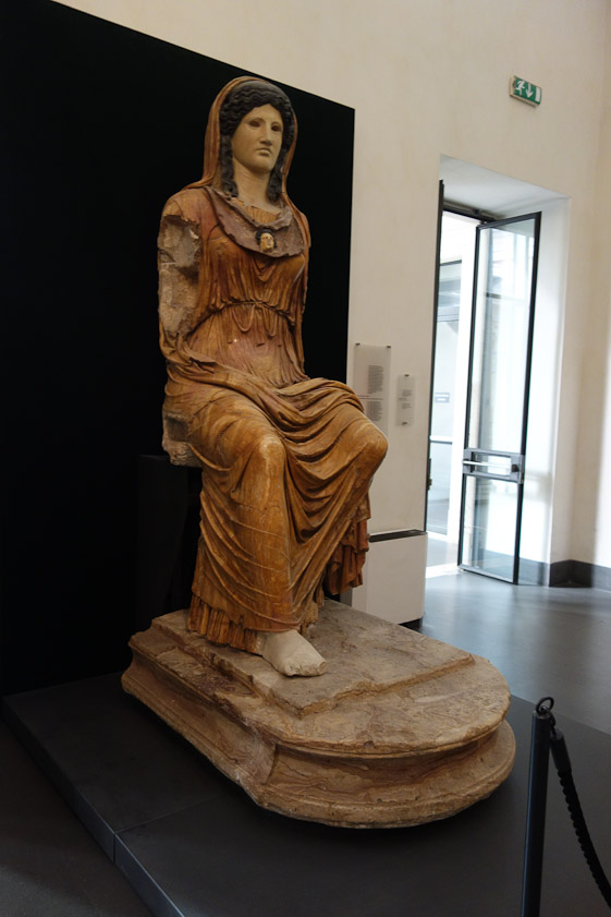 After lunch, back at Palazzo Massimo we saw this statue of Minerva (Greek goddess Athena) at the entrance to the galleries. The face and neck were lost, but have been replaced by a cast of the Athena Carpregna. Augustan period.