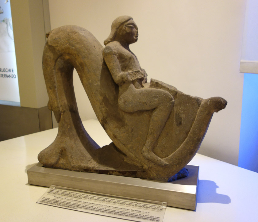 Man riding a seahorse. Sculpture of nenfro, a volcanic rock. 550-540 BC.