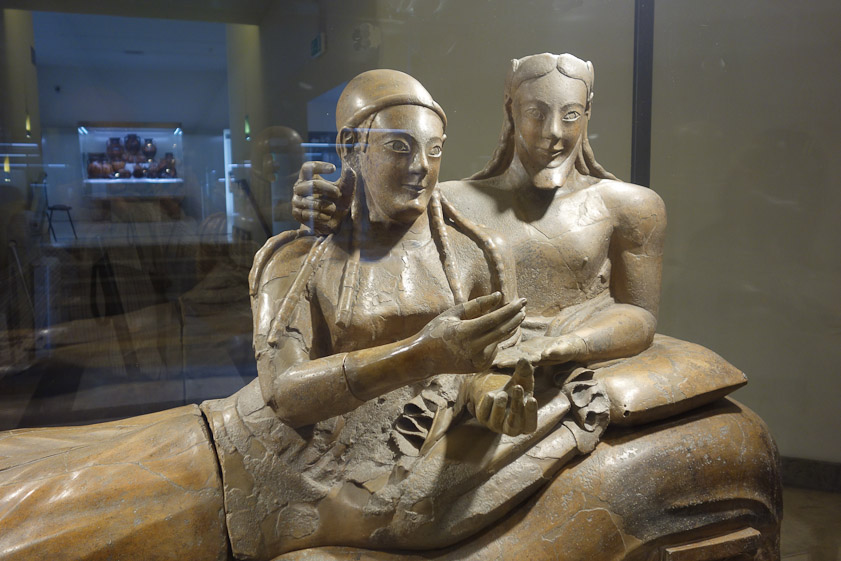 They may represent a funeral banquet, which was a convivial occasion in Etruria. It was also an event attended by both sexes, unlike Greek or Roman custom, which was for men only.