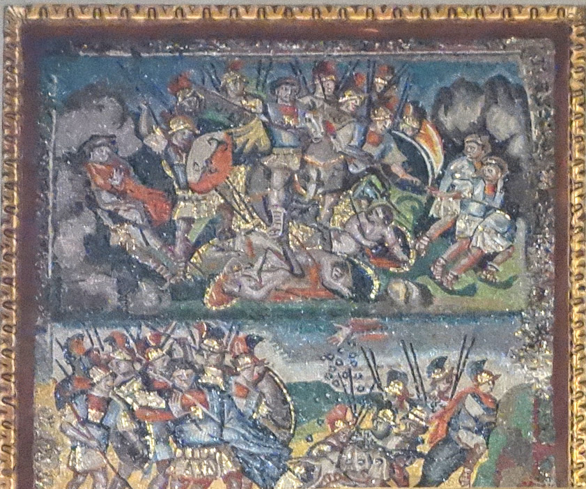 A blowup of the left mosaic looks like a pair of battle scenes. Rther confused and not very old looking.