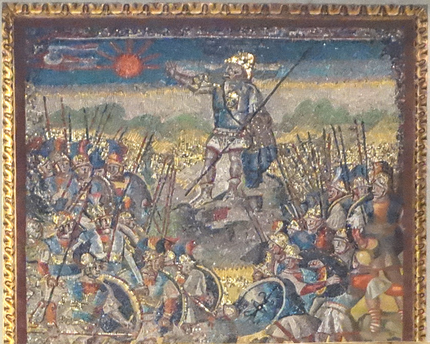 Another confused scene of an army in the right mosaic (5c). Joshua prayed to God for help in the battle, and He stopped th Sun and the Moon. (Joshua 10:12)